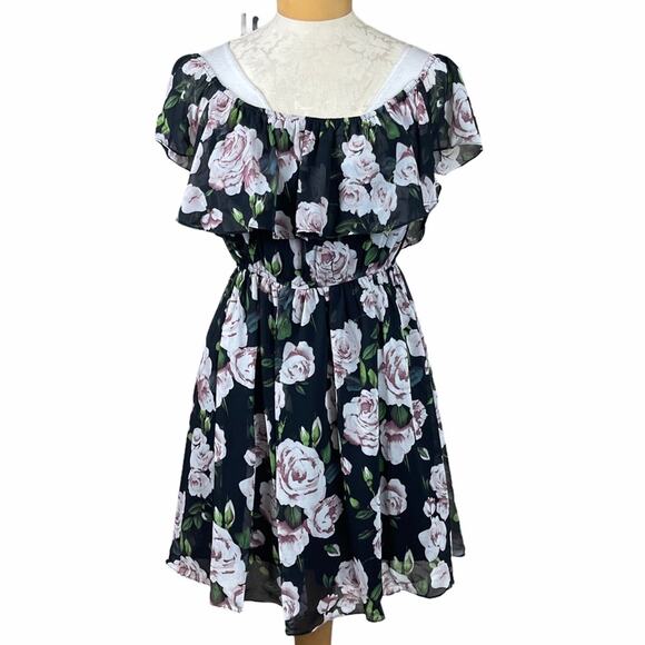 Lucy Paris Off the Shoulder Floral Dress Black L - Picture 1 of 10